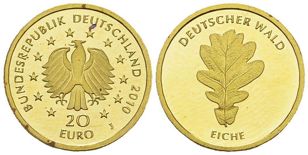 PEUS 3624 BRD 3,89 g Feingold. Deutscher Wald - Eiche OHNE Zertifikat + Verpackung 20 Euro GOLD 2010 J Stempelglanz (in Kapsel)