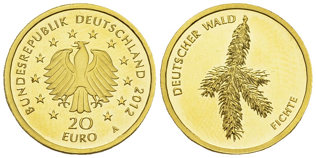 PEUS 3625 BRD 3,89 g Feingold. Deutscher Wald - Fichte OHNE Zertifikat + Verpackung 20 Euro GOLD 2012 A Stempelglanz