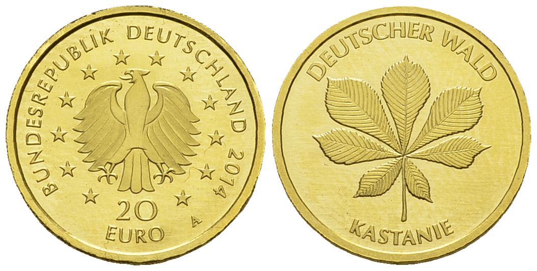 PEUS 3626 BRD 3,89 g Feingold. Deutscher Wald - Kastanie OHNE Zertifikat + Verpackung 20 Euro GOLD 2014 A Stempelglanz (in Kapsel)