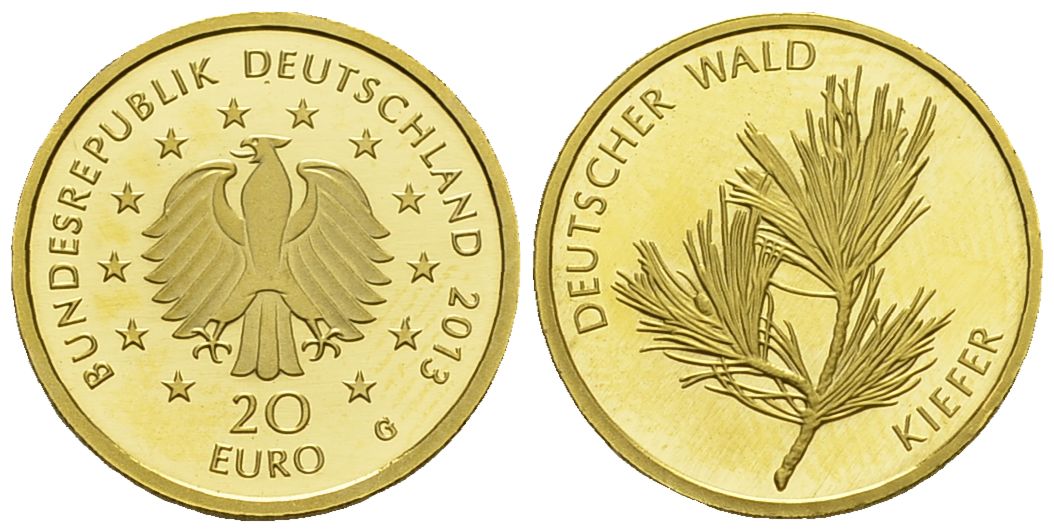PEUS 3627 BRD 3,89 g Feingold. Deutscher Wald - Kiefer OHNE Zertifikat + Verpackung 20 Euro GOLD 2013 G Stempelglanz