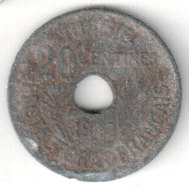  Tunesien 20 Centimes 1942 s Randfehler Zn   