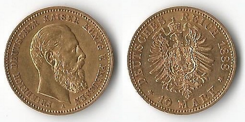 Preussen, Königreich MM-Frankfurt Feingewicht: 3,58g Gold 10 Mark 1888 A sehr schön