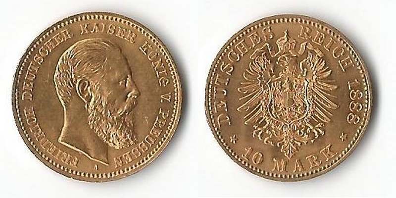 Preussen, Königreich MM-Frankfurt Feingewicht: 3,58g Gold 10 Mark 1888 A sehr schön/vorzüglich