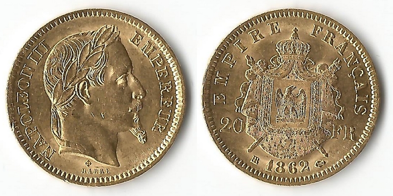 Frankreich MM-Frankfurt Feingewicht: 5,81g Gold 20 Francs 1862 BB sehr schön