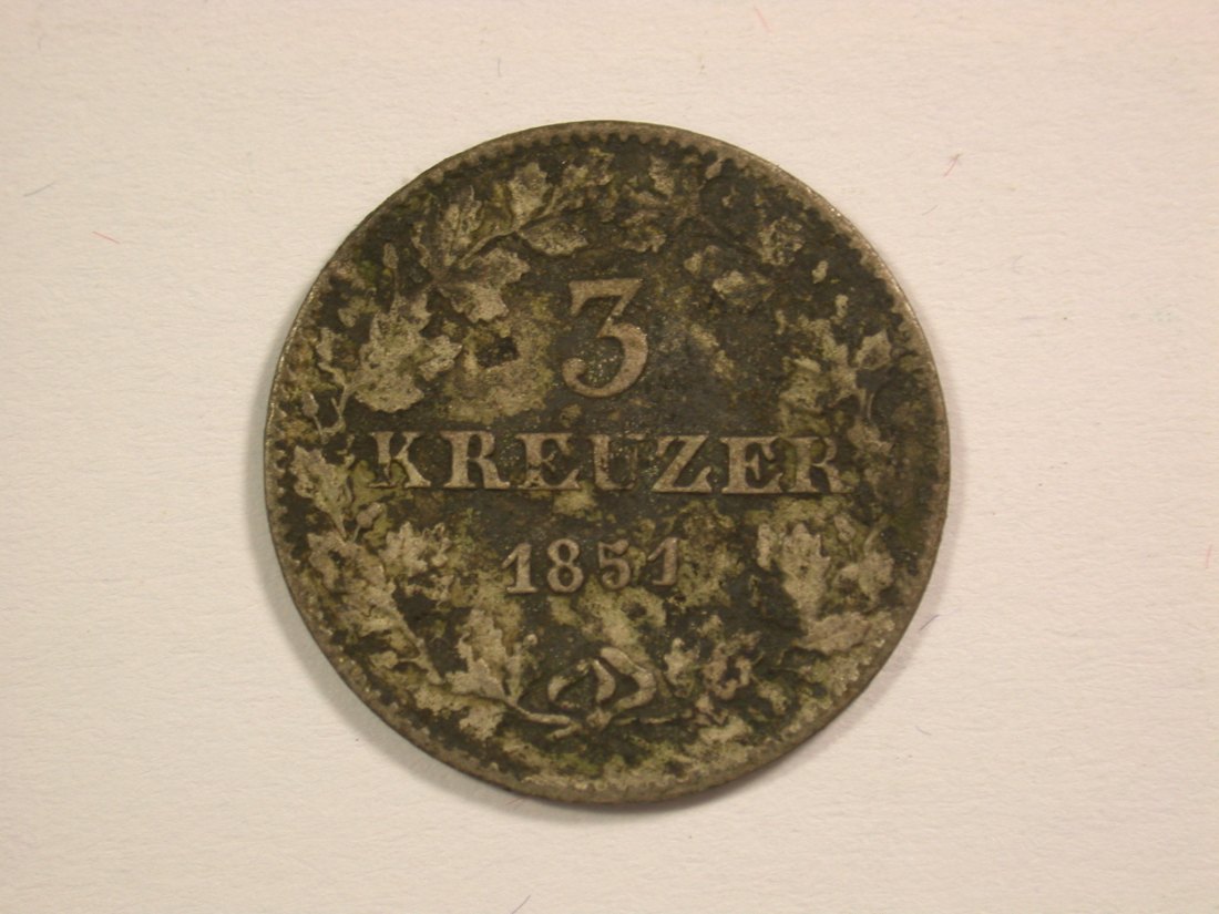  14012 Frankfurt 3 Kreuzer 1851 in ss+, geschwärzt  Orginalbilder   