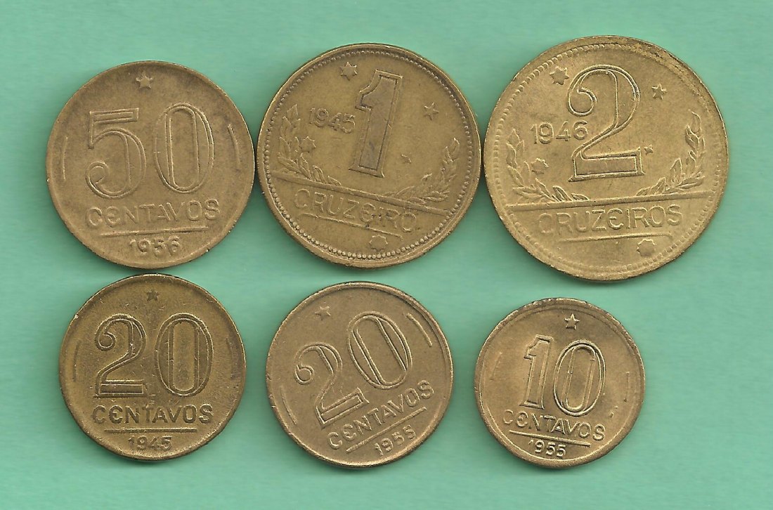  Brazil - sechs Münzen 10,20,50 Centavos - 1,2 Cruzeiros Jahren 1945-1956   