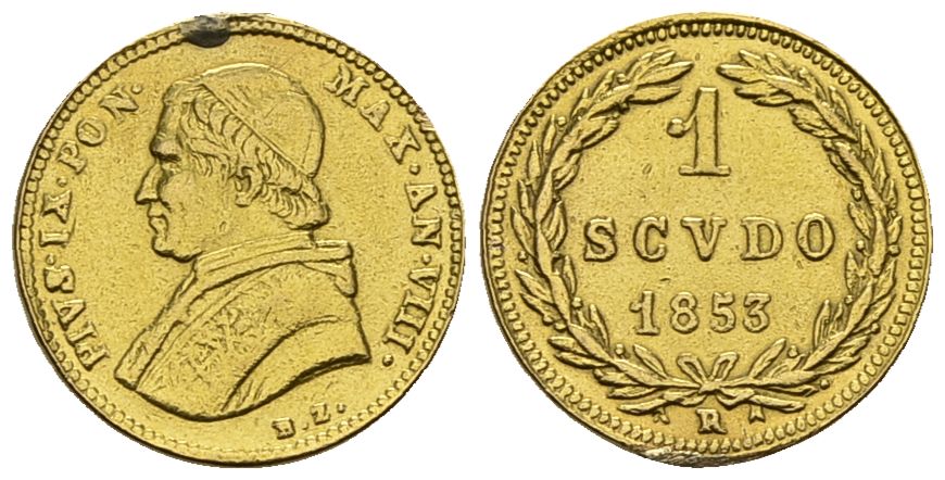 PEUS 3880 Vatikan 1,56 g Feingold. Papst Pius IX. (1846 - 1878) Scudo 1853 R Rom Henkelspur, sehr schön