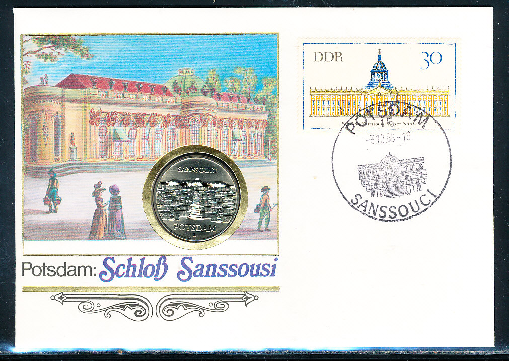 D. Numis–Phila-Brief Sanssousi Potdam 3.12.1986+Münze 5,- Mark Potsdam Sanssousi 1985 uncirculiert