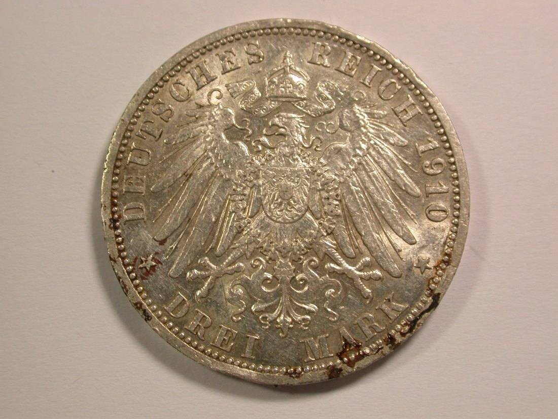  F11 KR 3 Mark Preussen 1910  Silber in sehr schön Korrosionsspuren Orginalbilder   