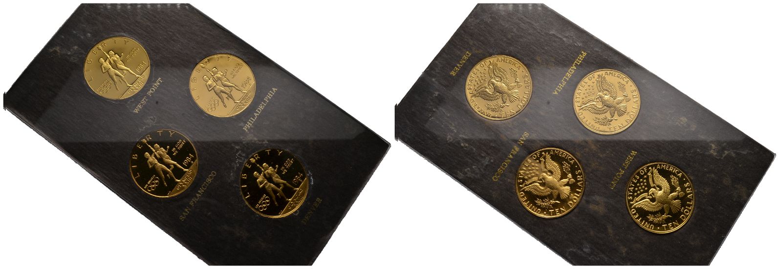 PEUS 4160 USA Insg. 60,2 Feingold. Los Angeles Olympiade 10 Dollars Set GOLD (4 Münzen) 1984 D,P,S,W Proof (eingeschweist)