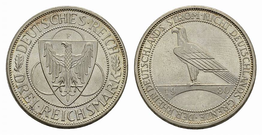 PEUS 3465 Weimarer Republik Zur Rheinland-Räumung 3 Reichsmark 1930 F Vorzüglich +
