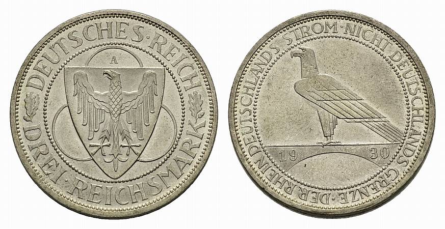 PEUS 3468 Weimarer Republik Zur Rheinland-Räumung 3 Reichsmark 1930 A Vorzüglich -