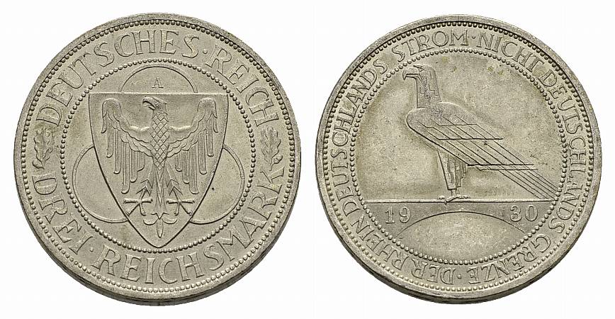 PEUS 3469 Weimarer Republik Zur Rheinland-Räumung 3 Reichsmark 1930 A Vorzüglich -