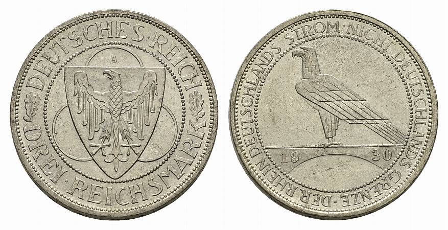 PEUS 3470 Weimarer Republik Zur Rheinland-Räumung 3 Reichsmark 1930 A Vorzüglich