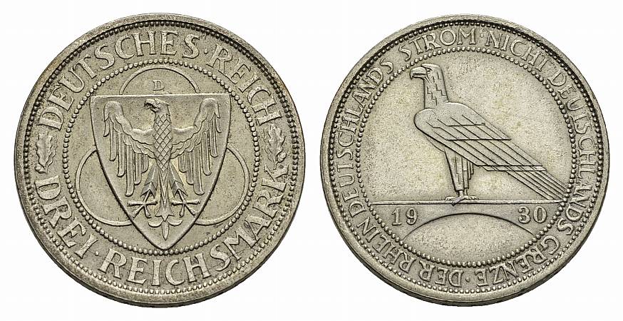 PEUS 3471 Weimarer Republik Zur Rheinland-Räumung 3 Reichsmark 1930 D Sehr schön +