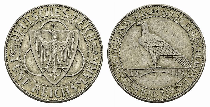 PEUS 3474 Weimarer Republik Zur Rheinland-Räumung 5 Reichsmark 1930 E Randfehler, Sehr schön