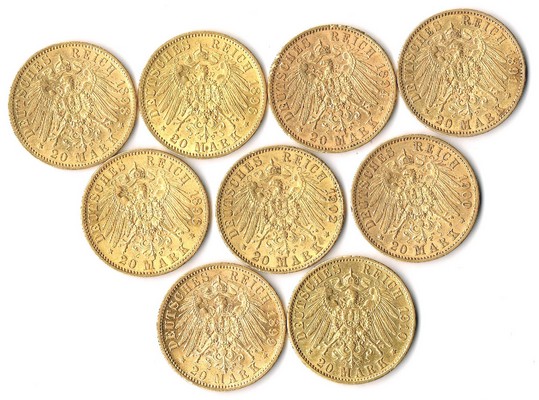 Preussen, Königreich MM-Frankfurt Feingewicht: 64,53g Gold 9 x 20 Mark 1891 - 1910 sehr schön (teilweise Randfehler)