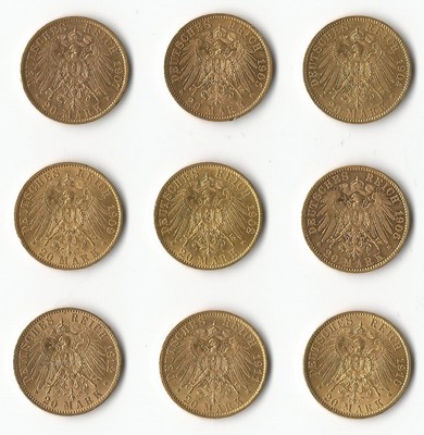Preussen, Königreich MM-Frankfurt Feingewicht: 64,53g Gold 9 x 20 Mark 1904- 1912 sehr schön (teilweise Randfehler)