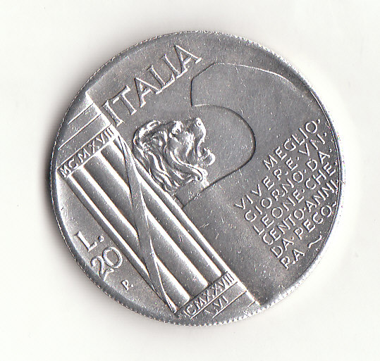 Italien Medaille Mussolini im Stil der 20 Lire Italien 1928 Bronze  ca.1960 gep. (L022)   