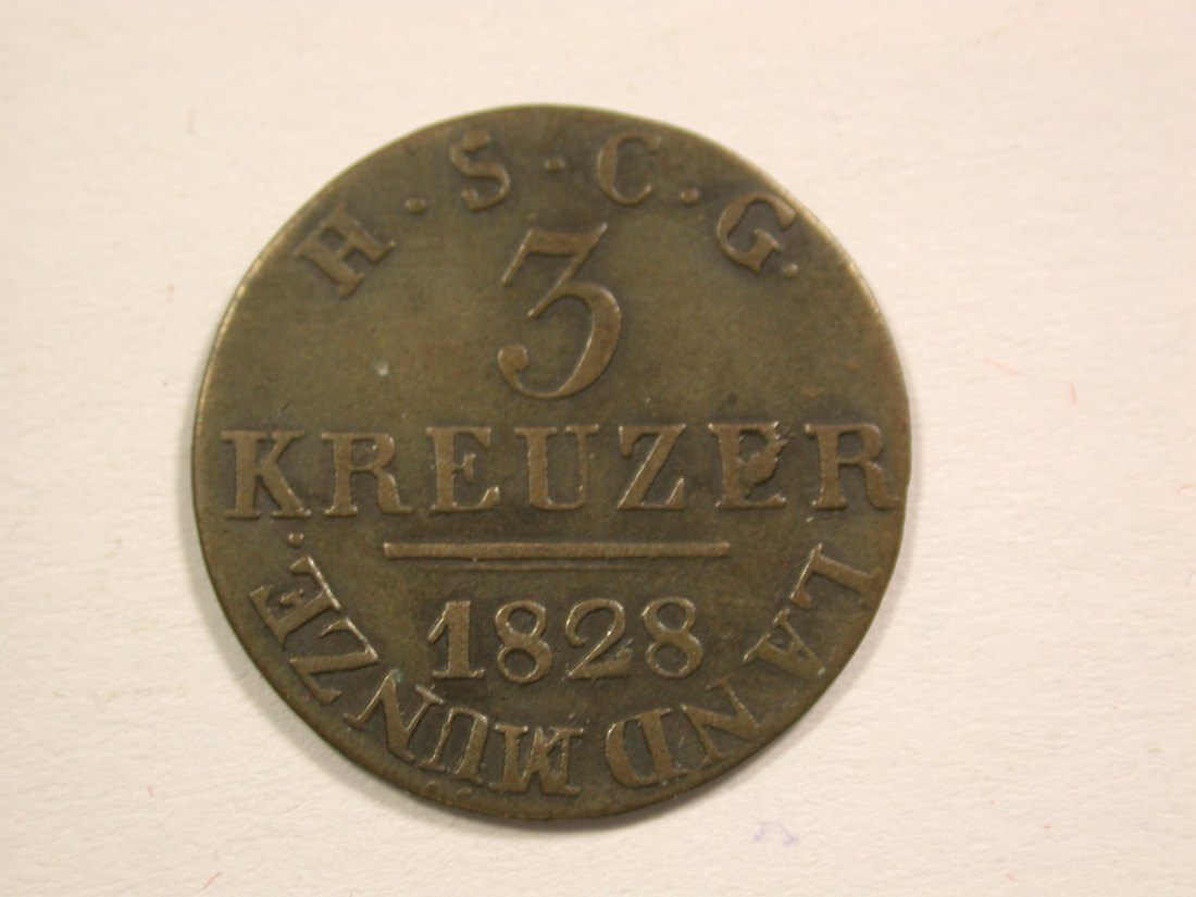  15105 Sachsen-Coburg-Gotha  3 Kreuzer 1828 in ss+/ss-vz R  Orginalbilder   
