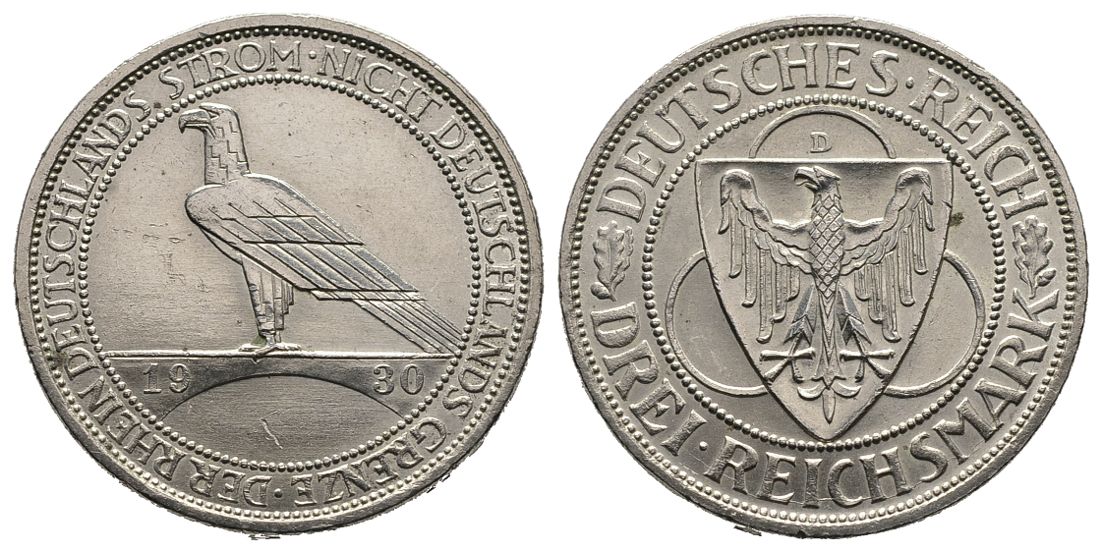 PEUS 4214 Weimarer Republik Zur Rheinland-Räumung 3 Reichsmark 1930 D Sehr schön +