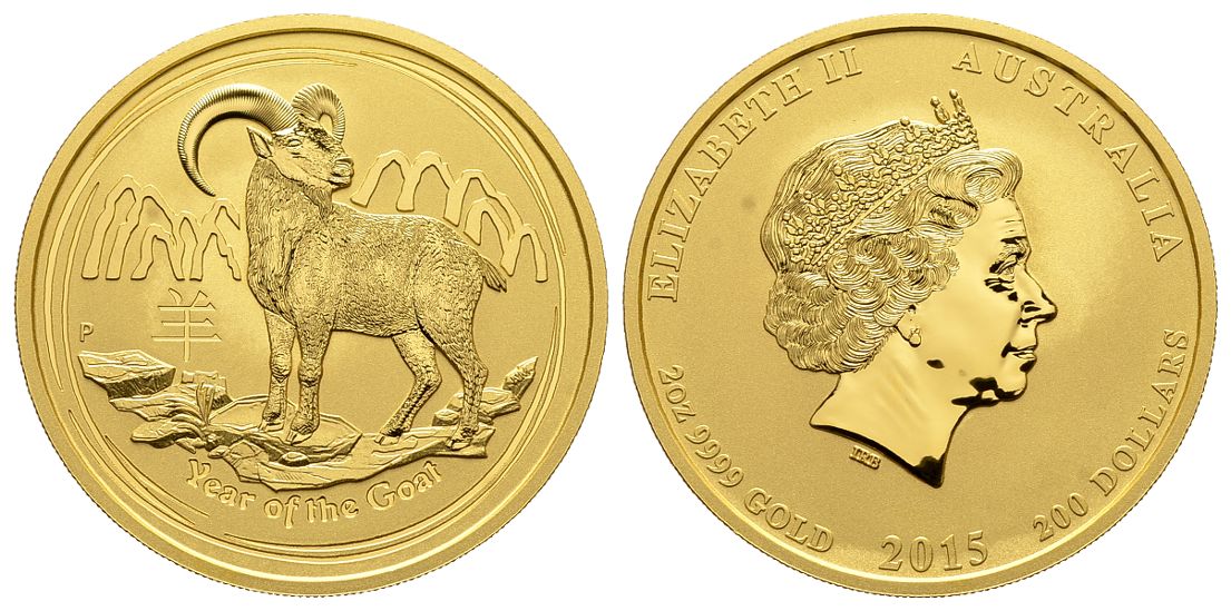 PEUS 4918 Australien 62,2 g Feingold. Jahr der Ziege 200 Dollars GOLD 2 Unzen 2015P Stempelglanz