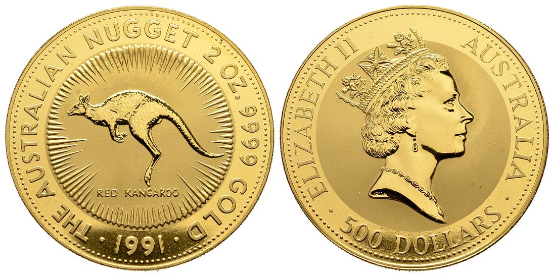 PEUS 5005 Australien 62,2 g Feingold. Rotes Känguru 500 Dollars GOLD 2 Unzen 1991 Fast Stempelglanz (Originalkapsel)