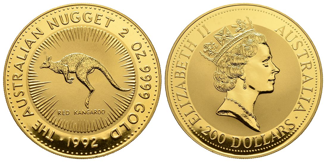 PEUS 4994 Australien 62,2 g Feingold. Rotes Känguru 200 Dollars GOLD 2 Unzen 1992 Fast Stempelglanz (Originalkapsel)