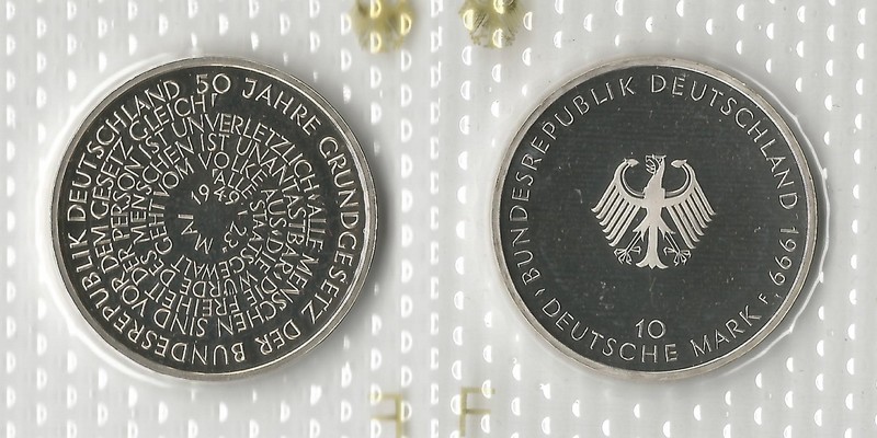  Deutschland  10 Mark (50 Jahre Grundgesetz) 1999 F FM-Frankfurt  Feingewicht: 14,33  Silber pp   