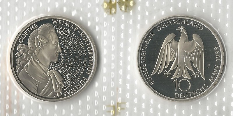  Deutschland  10 DM (Gedenkmünze) 1999 F FM-Frankfurt  Feingewicht: 14,33g  Silber PP   