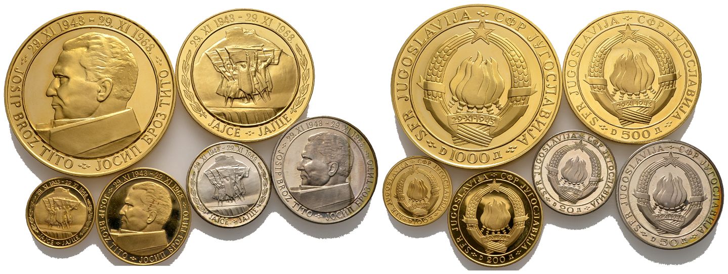 PEUS 5766 Jugoslawien Insg. 126,69 g Feingold + 26,83 g Feinsilber. 25 Jahre SFR Jugoslavija incl. Verpackung Dinara-Set (6 Münzen) GOLD + SILBER 1968 Polierter Platte