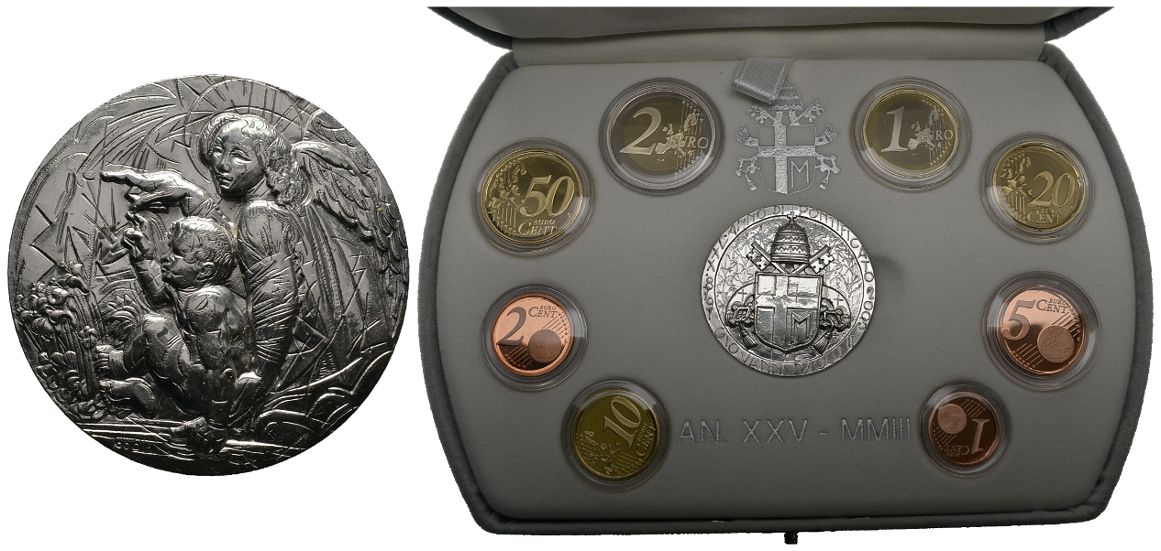 PEUS 5911 Vatikan 41,62 g Feinsilber Johannes Paul II. Incl. Originaletui + Zertifikat Euro-KMS (8 Münzen) + Silbermedaille 2003 Proof