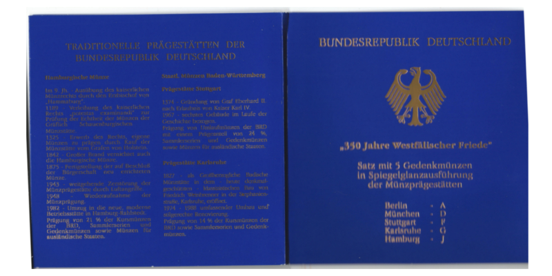  BRD  5 x 10 DM  1998 (350 Jahre Westfälischer Friede) FM-Frankfurt  Feingewicht: 71,65g Silber pp   
