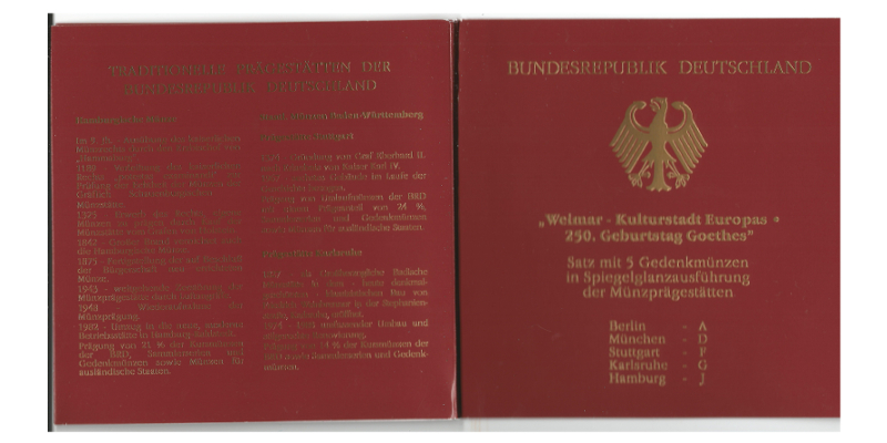  BRD  5 x 10 DM  1999 (Weimar - Kulturstadt Europas) FM-Frankfurt  Feingewicht: 71,65g Silber pp   