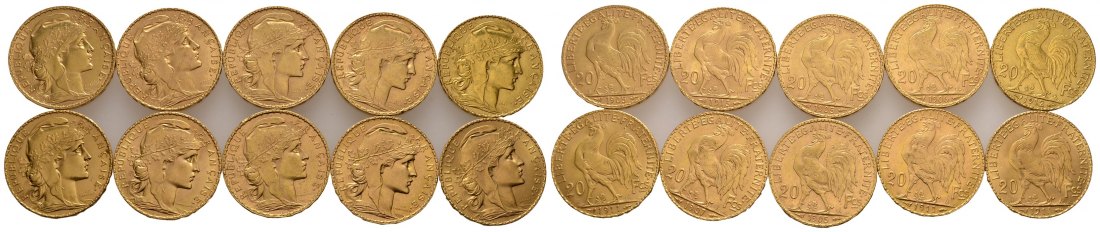 PEUS 7131 Frankreich Insgesamt 58,1 g Feingold. Marianne 20 Francs-Lot GOLD (10 Münzen) 1905 - 1911 A Meist sehr schön +