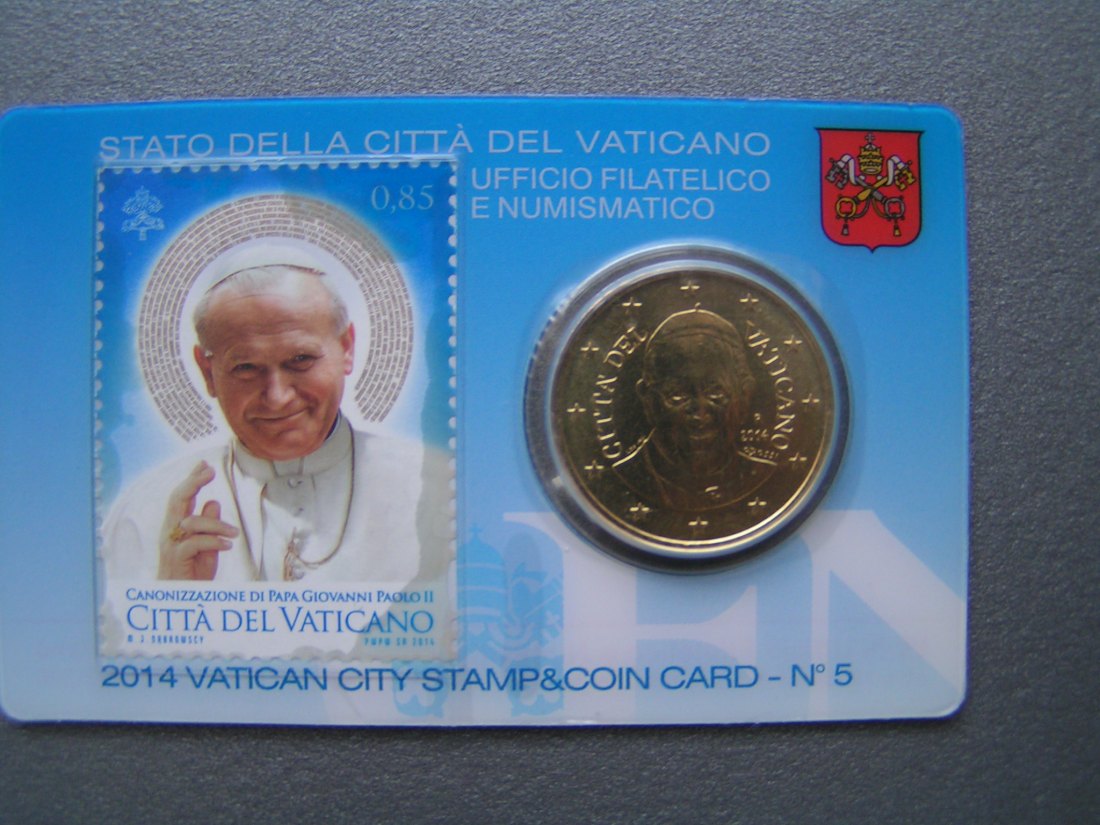  Vatikan 2014 Briefmarke & 50 Cent als Coincard Nr. 5 Heiligsprechung Papst Joh. Paul II.   