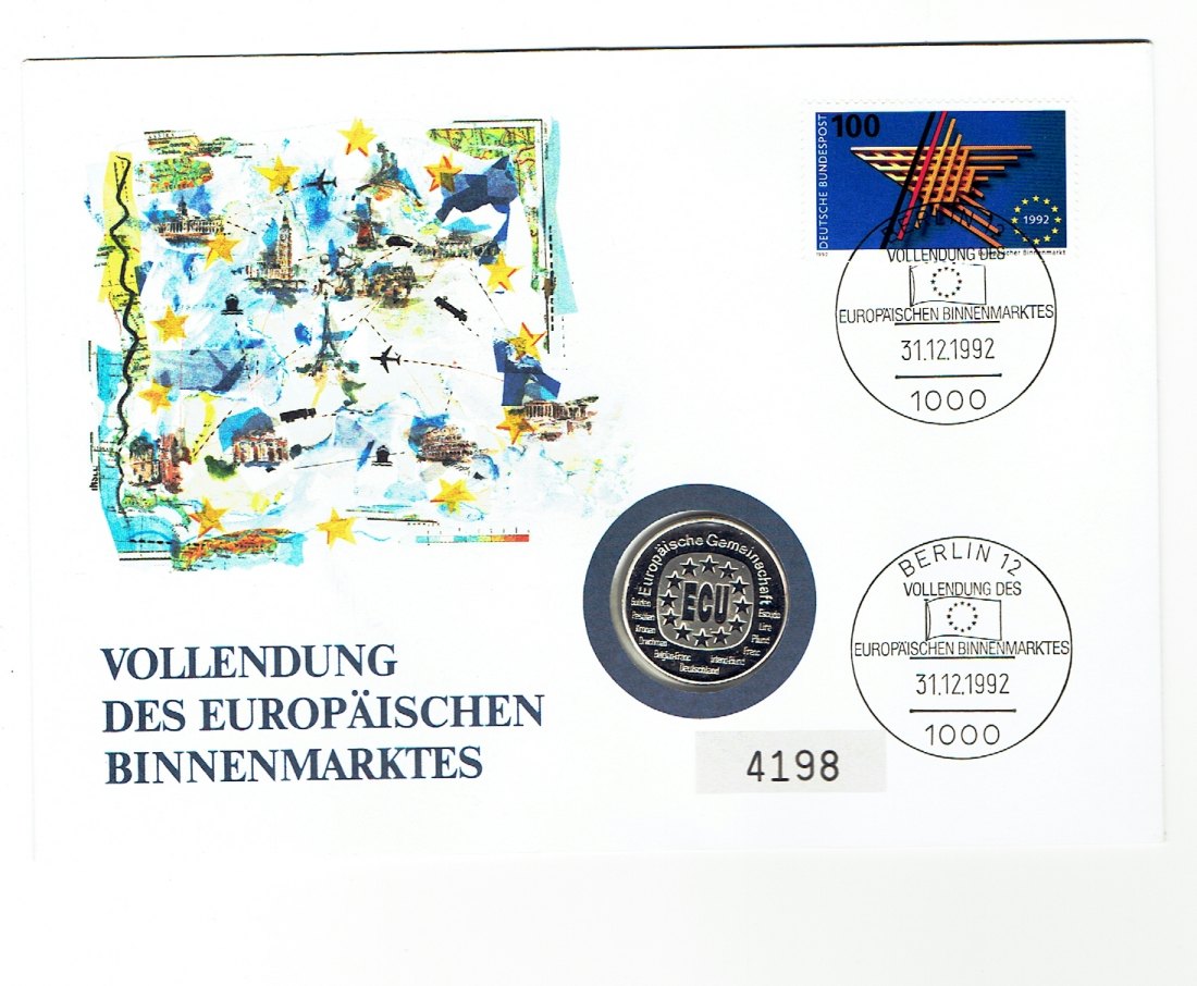  Numisbrief Deutschland (Vollendung des Europäischen Binnenmarktes)mit Silbermedaille Genscher(g1265)   