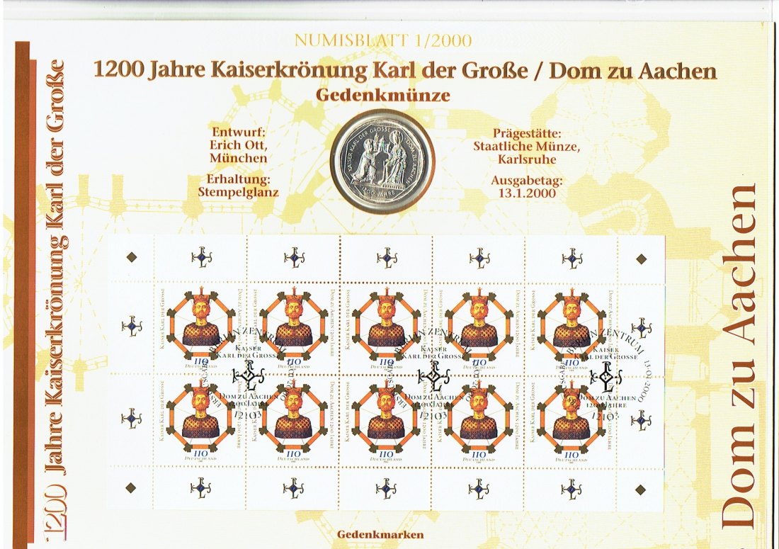  Numisblatt Deutschland(1/2000) Karl der Große mit 10 Mark Sondermünze Karl der Große  in Silber(a14)   