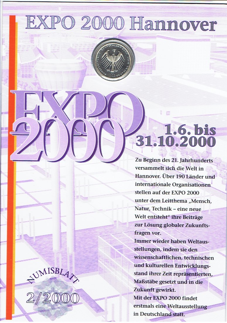  Numisblatt Deutschland(2/2000) Hannover Expo mit 10 Mark Sondermünze Expo 2000  in Silber(a15)   