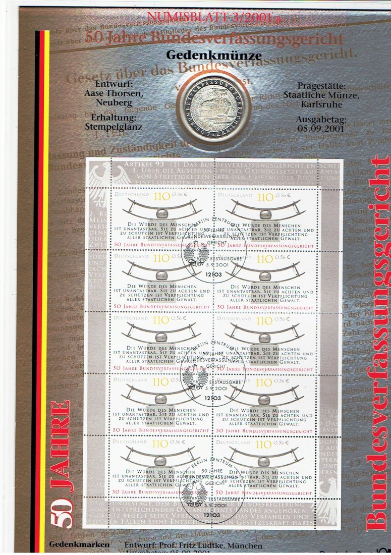  Numisblatt Deutschland(3/2001)Bundesverfassungsgericht mit 10 Mark Sondermünze in Silber(a17)   