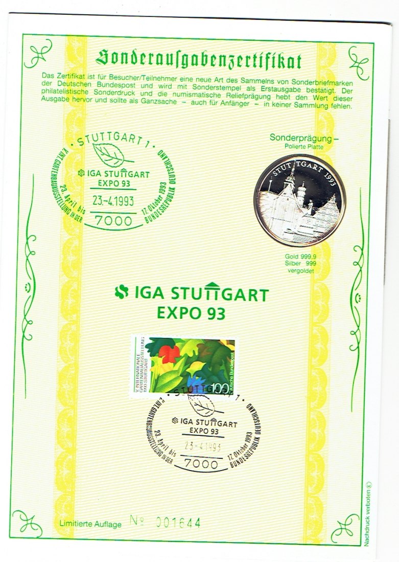  Numisblatt mit Silbermedaille auf die IGA Stuttgart 1993(g1266)   