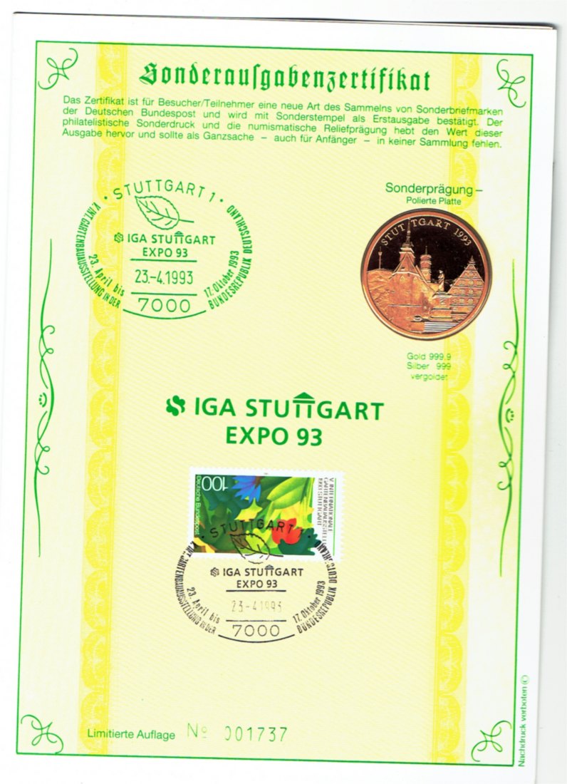  Numisblatt mit Silbermedaille(vergoldet) auf die IGA Stuttgart 1993(g1267)   