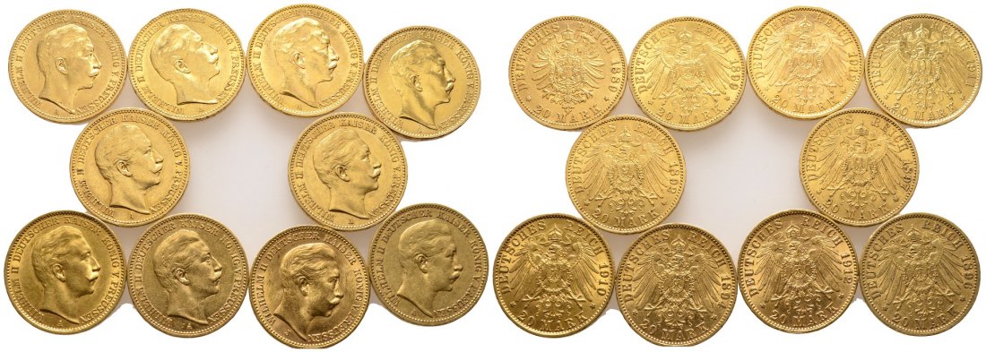 PEUS 7362 Kaiserreich - Preußen Insg. 71,6 g Feingold. Wilhelm II. (1888 - 1918) 20 Mark Lot Gold (10 Münzen) 1889 - 1912 A J Meist sehr schön