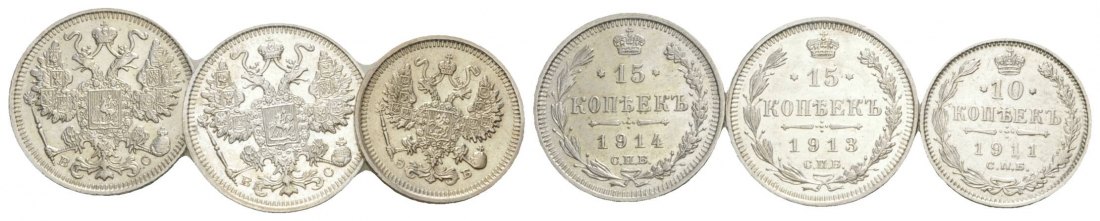  Russland, 3 Kleinmünzen (15/15/10 Kopeken 1914/1913/1911)   