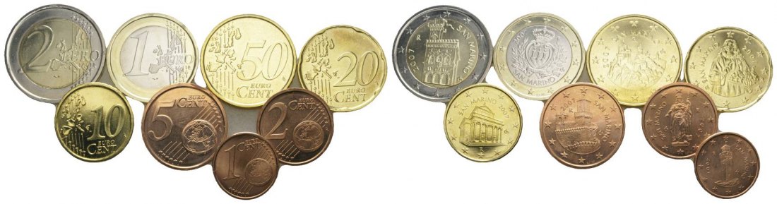  San Marino, Kursmünzensatz 2007,  1 Cent bis 2 Euro 8 Münzen   