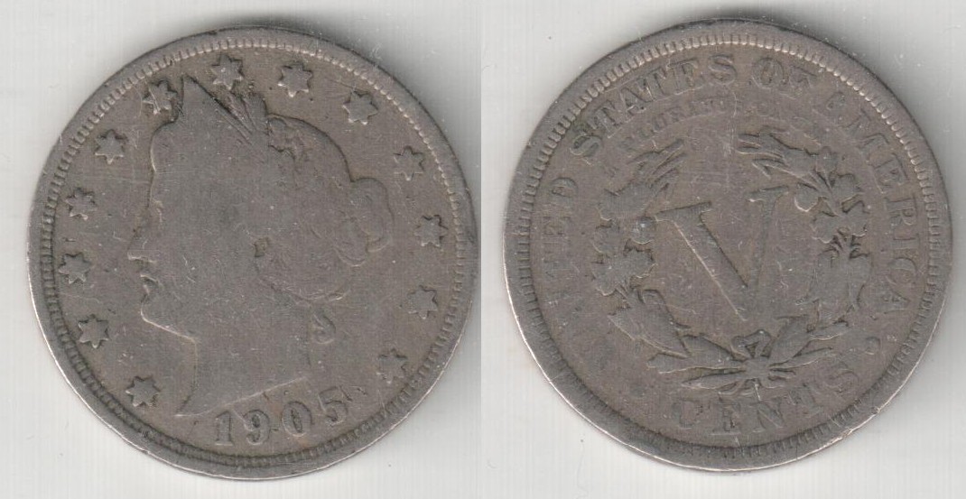  USA Nickel 5 Cents 1905 gereinigt   