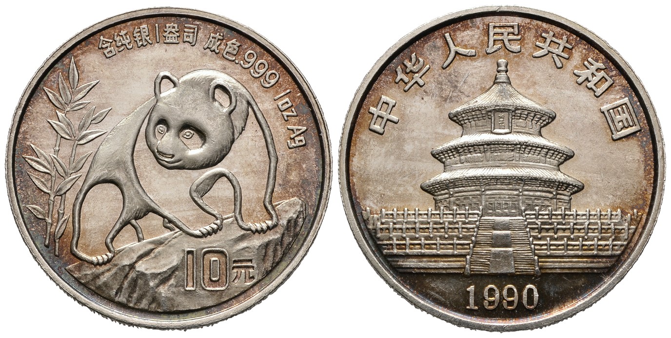 PEUS 7535 China Volksrepublik 31,1 g Feinsilber. Panda Bär auf Fels 10 Yuan SILBER 1990 Patina, winzige Kratzer Vorzüglich