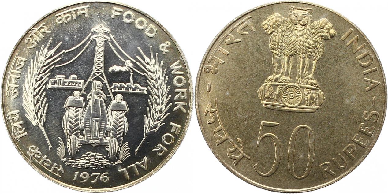  7175 Indien  50 Rupien 1976  17,35 Gramm Silber Stempelglanz aus polierter Platte   