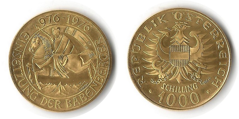 Österreich MM-Frankfurt Feingewicht: 12,15g Gold 1000 Schilling (Babenberger) 1976 vorzüglich