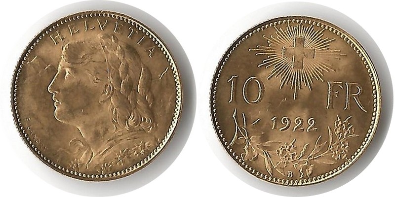 Schweiz MM-Frankfurt Feingewicht 2,90g Gold 10 sFR (1/2 Vreneli) 1922 sehr schön